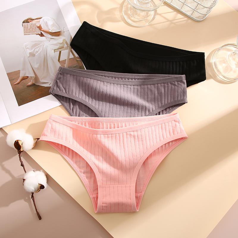 Хлопковые трусики в рубчик, женские трусы, простые однотонные трусики-бикини с низкой талией, спортивное нижнее белье для девочек, большие размеры M-XL