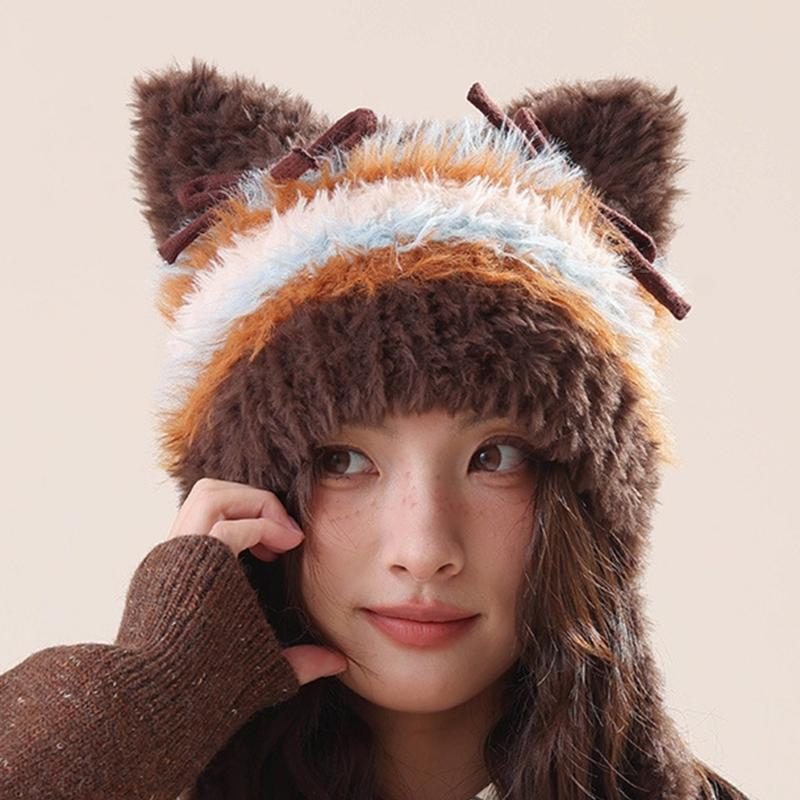Furry Cartoon Head Cover with Ear for Outdoor Sports Striped Hat with Ear Oversized Headgear Hat for Winter