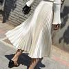 Women 11 Colors Satin Pleated Midi Skirt Elegant Elastic Waist Solid Color A-line Skirt