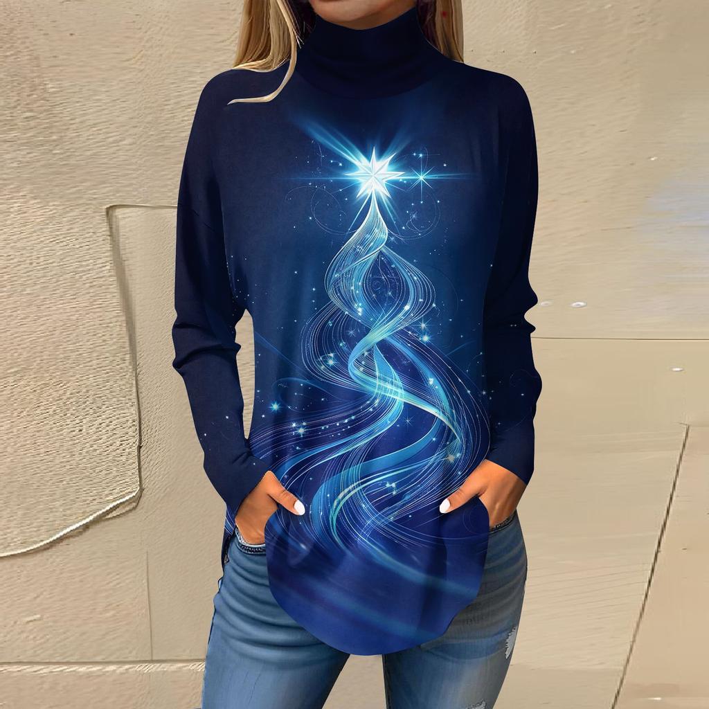 Женская модная повседневная футболка с длинным рукавом с высоким воротом и принтом, пуловер, топ