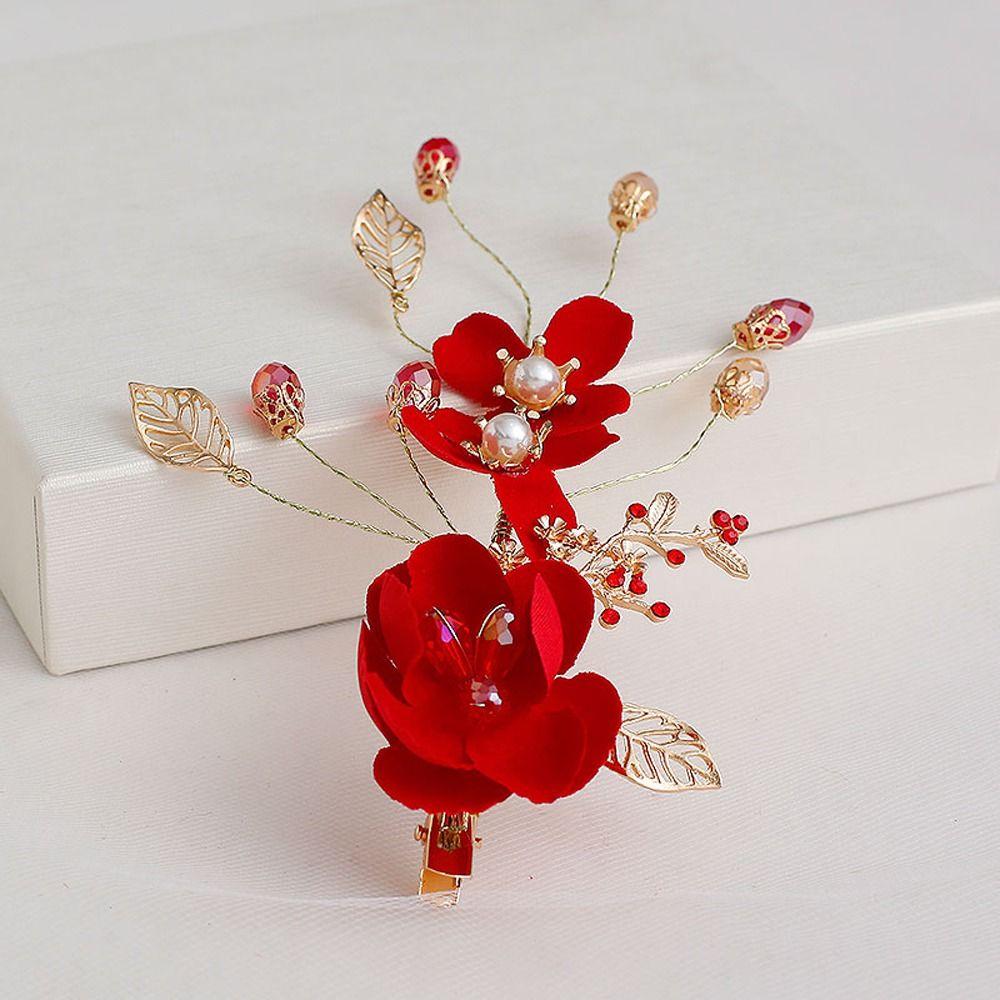 Red Flower Pearl Bride Duckbill Clips Festival Hairpins Chinese Hanfu Hair Clips Women Barrettes