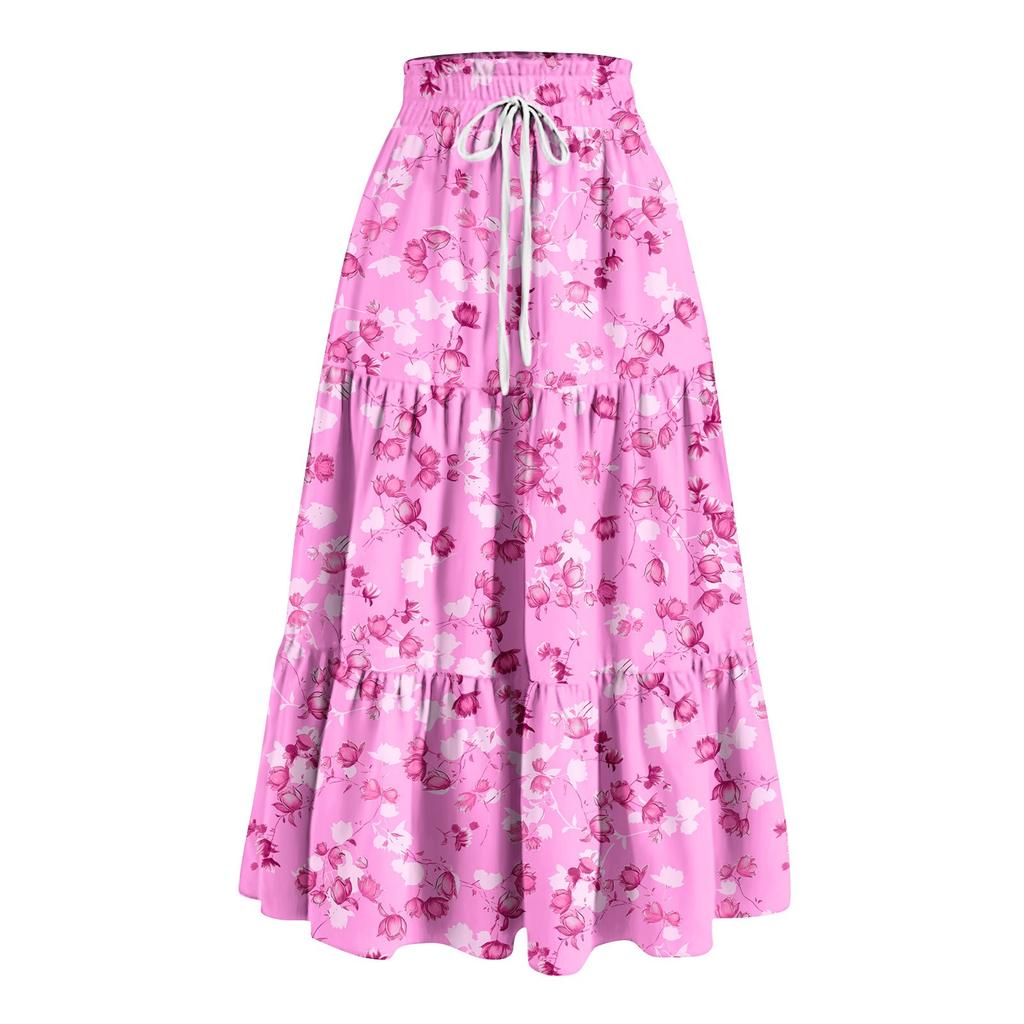 Women's Ruffled Spring Casual Long Skirt Plain Color Skirt Retro Pleated Skirt