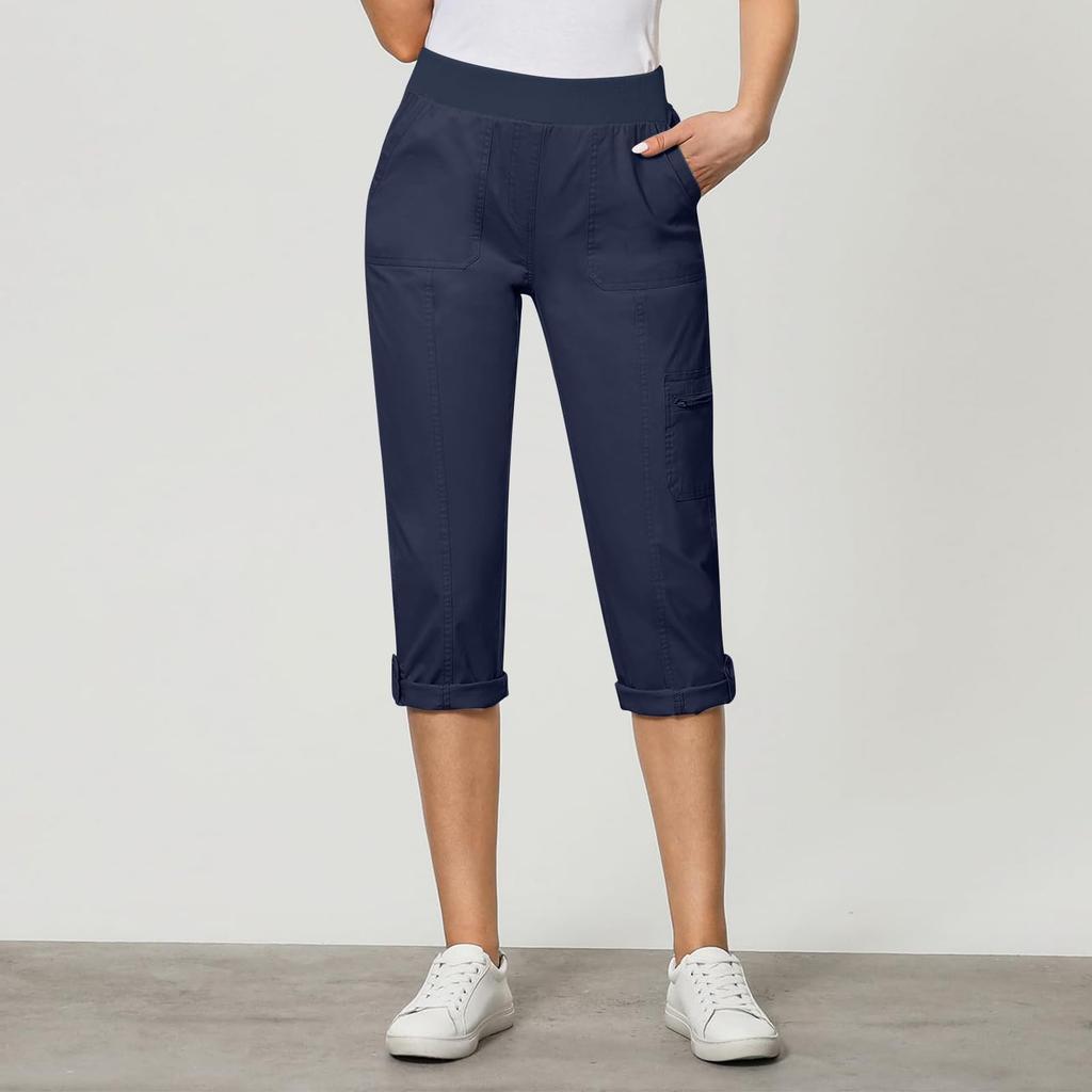 Женские модные однотонные рабочие брюки с эластичным поясом и карманами, укороченные повседневные брюки для бега