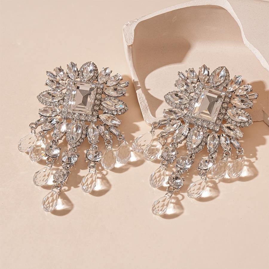 Серьги-кисточки с инкрустированными стразами цветами и стеклянными бусинами для женщин, преувеличенные темпераментные серьги-капли для невесты, сверкающий циркон, подарок
