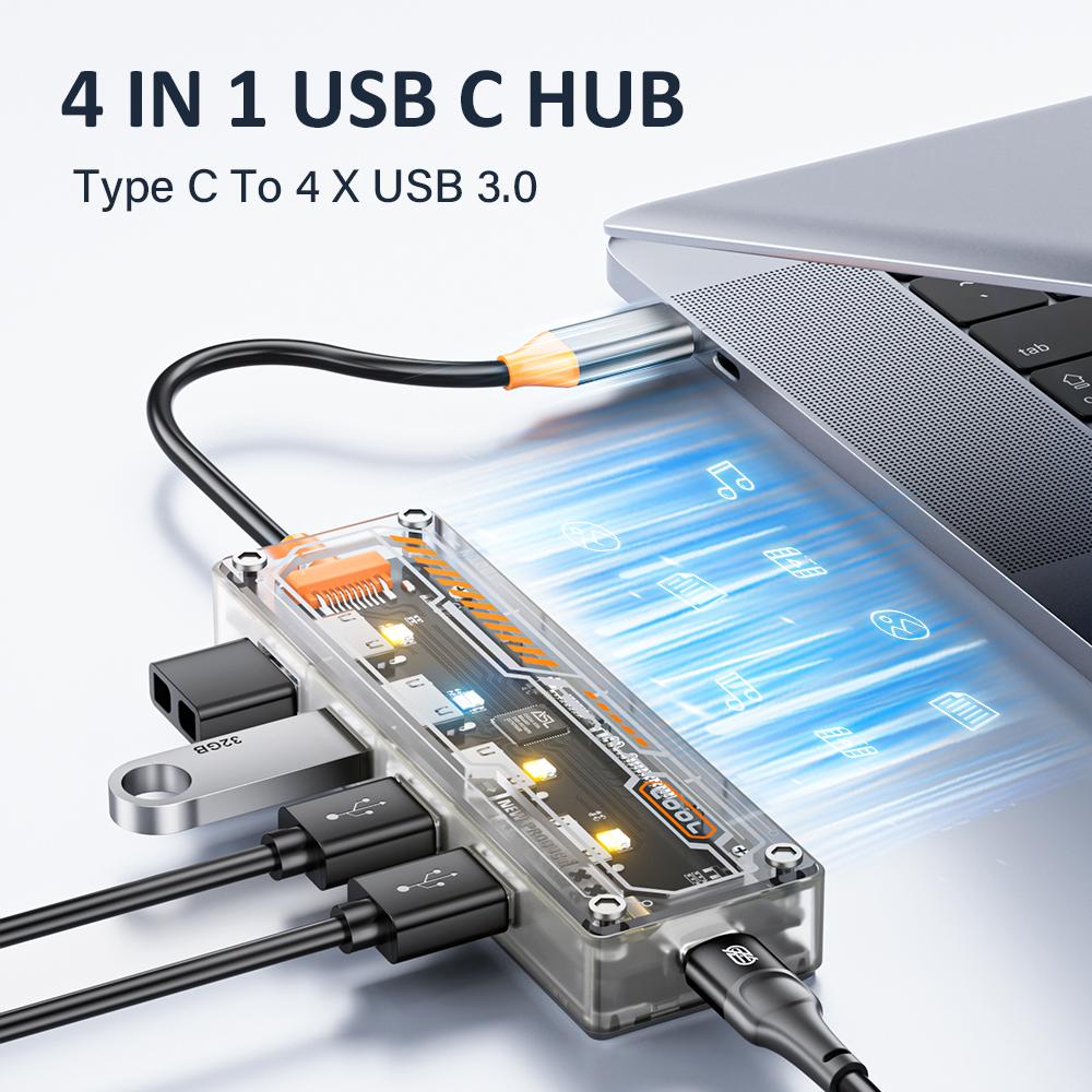 Прозрачный USB 3.0 HUB 4 в 1 Type C HUB на USB3.0 Type-C 4xUSB Высокоскоростная коробка-разветвитель 4 порта USB Адаптер для зарядки для ПК