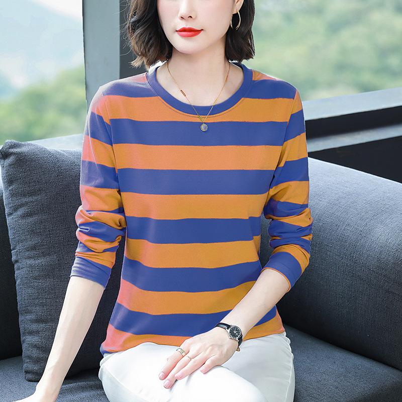 Осенняя одежда для мам среднего возраста, свободная хлопковая футболка с длинным рукавом больших размеров, женская осенняя одежда, майки с полосатыми топами