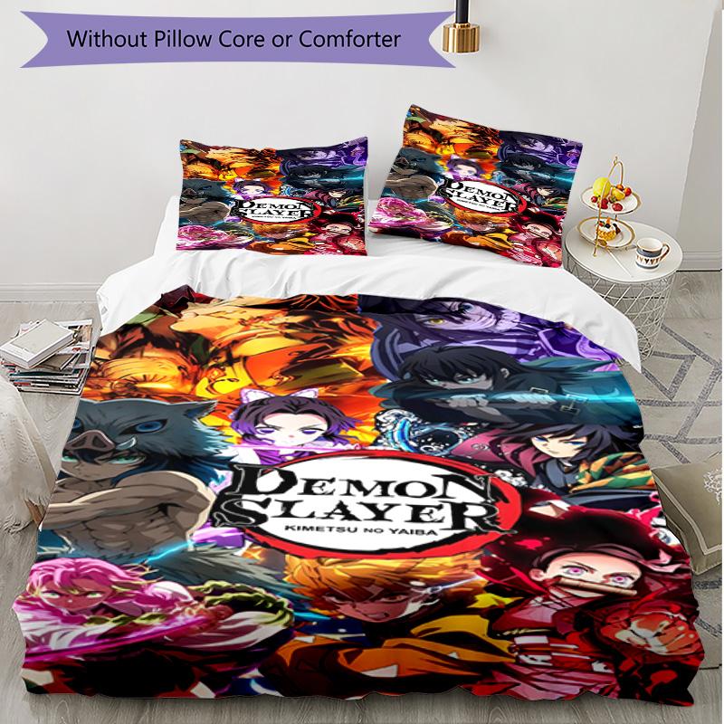 3pcs Duvet Cover Set (1*Duvet Cover + 2*Pillowcase, Without Core), Demon Slayer Print Soft All‑Season Bedding Set, Home Bedroom Decor Gift