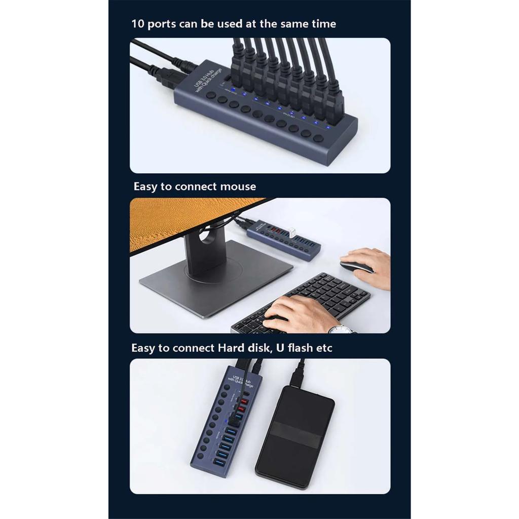 USB 3.0 концентратор розетка коммутатор 10 портов концентратор Multi-tap Multi-ports док-станция зарядное устройство несколько источников питания тип C