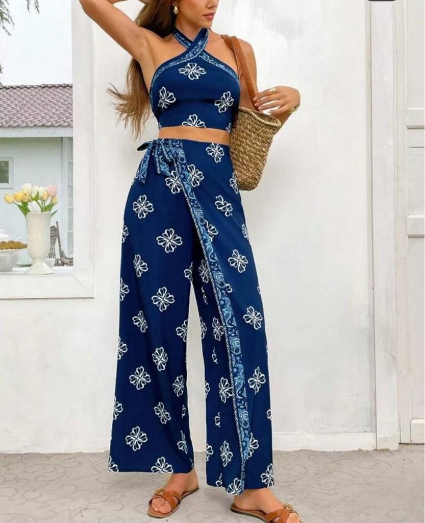 1116 European and American hot-selling neck slim-fit top high-waisted straight trousers set