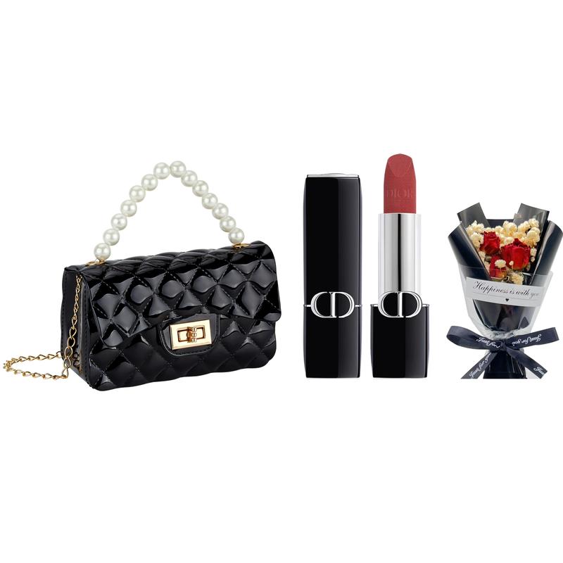 Dior Парфюм №720 3,5 г бархатный строгий костюм + букет роз с гипсофилой + жемчужная сумочка