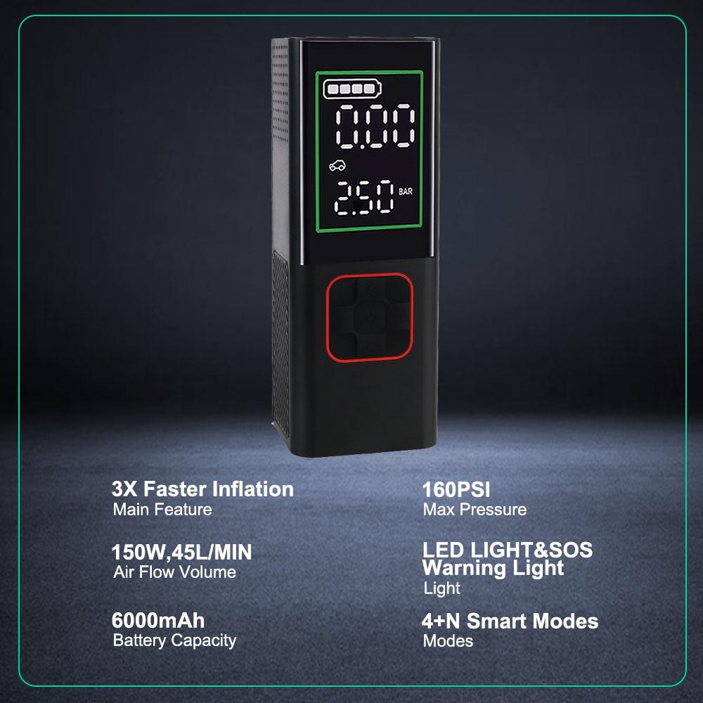 Автомобильный воздушный компрессор 6000 мАч 150 Вт со светодиодным фонариком, цифровой насос для шин мотоцикла, велосипеда, мяча, 160 фунтов на квадратный дюйм, портативный насос для проверки давления в шинах