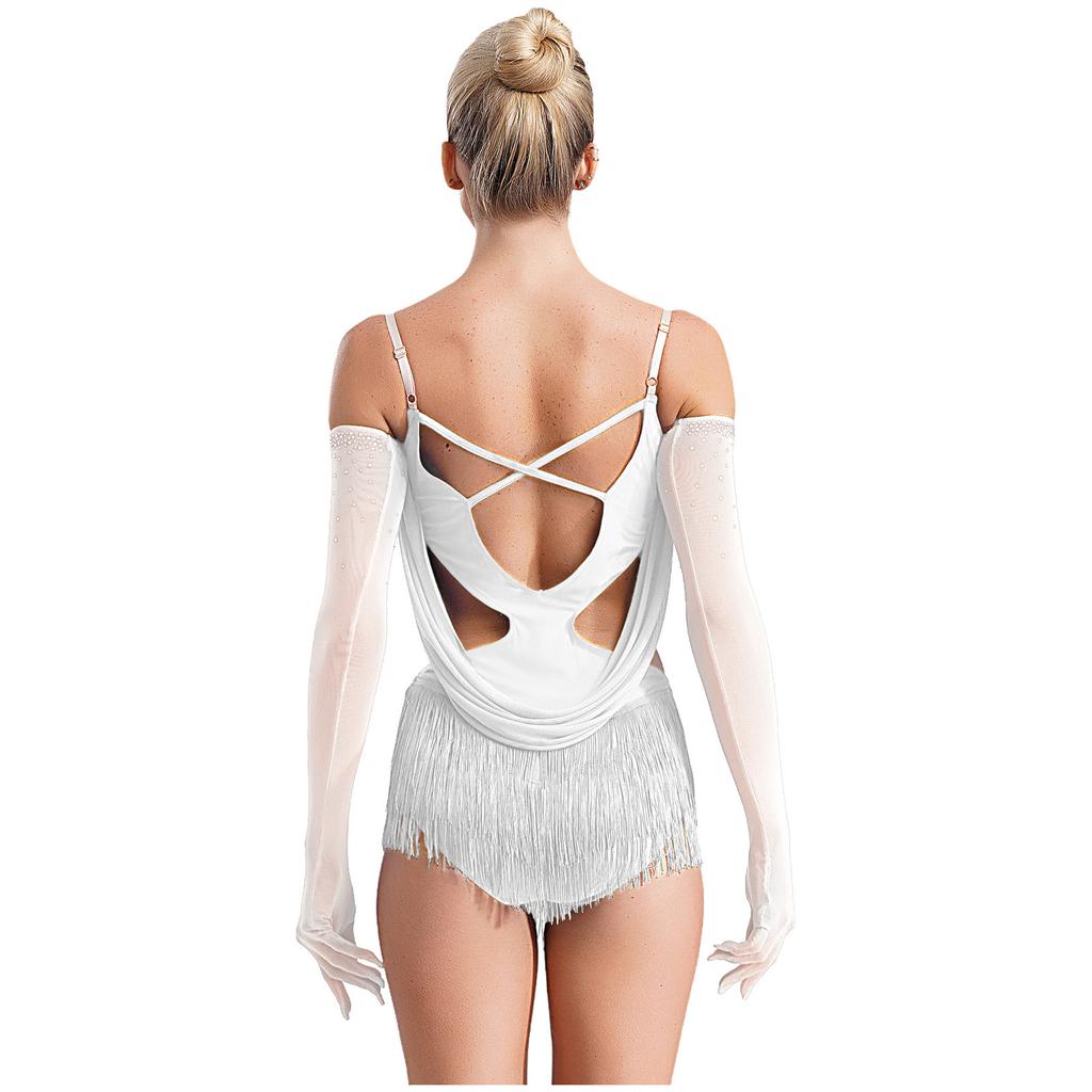 Womens Sparkling Tassel Dancewear Mesh Draped Leotard Rhinestone Fringed Bodysuit Adjustable Strap Gymnastics Outfit