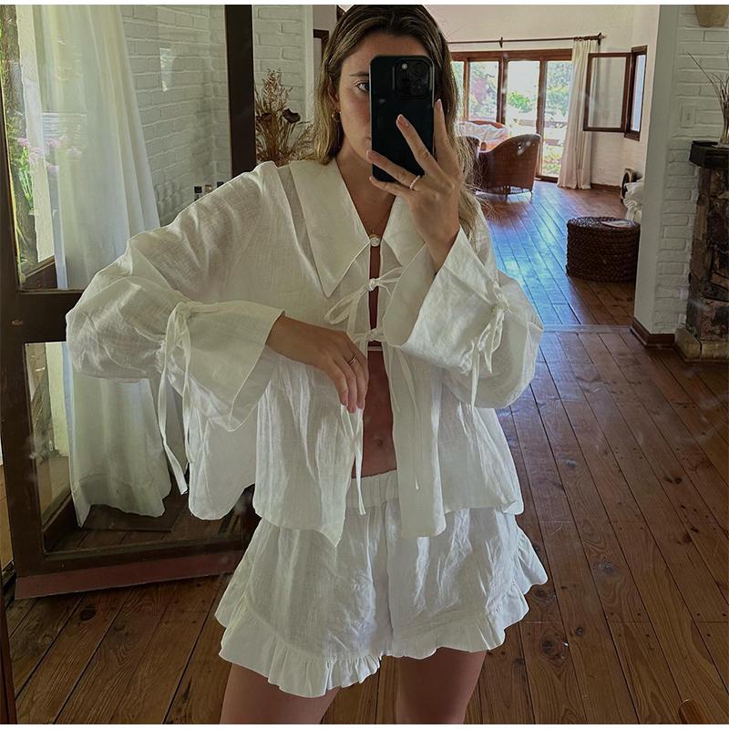 Solid Linen Lace Up Bow Shirts Women Turn-down Collar Lantern Sleeve Blouse Ruffles Summer