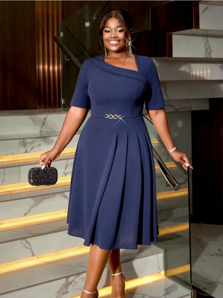 Women's Party Dress V-neck Pleated Hem Simple Mid Waist Commuting Dress Elegant Daily Casual Short Sleeved Solid Color Dresses