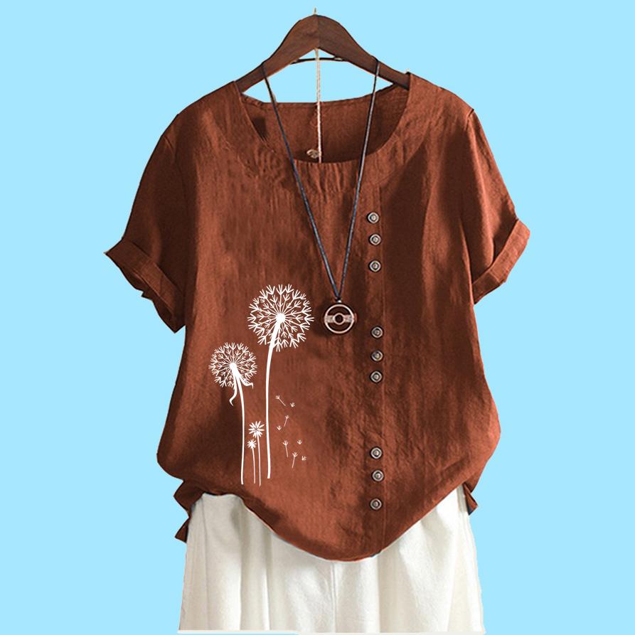 Women Fashion Cotton Linen Top Blouse Summer&fall Short Sleeve T-shirt Laides Casual Floral Print Loose Blouse