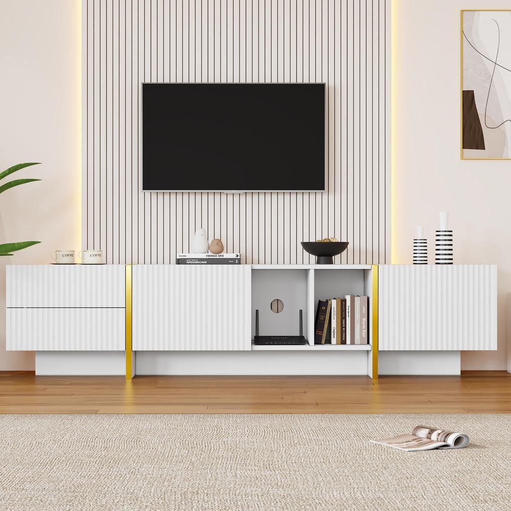 2 Türen, 2 Schubladen, 2 offene Fächer, TV-Regal Fernseher bis zu 80 Zoll, Moderner TV Board Lowboard Wohnzimmer, Esszimmer, Weiß, 190cm