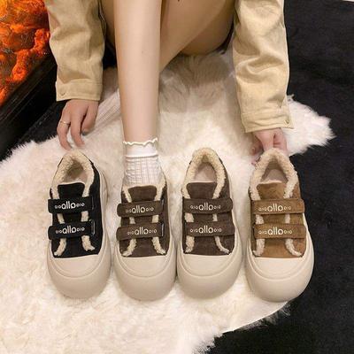 Спортивная обувь на липучке женская 2025 осень и зима новая универсальная на толстой подошве легкая повседневная обувь для моральной подготовки бархатные туфли-хлебцы