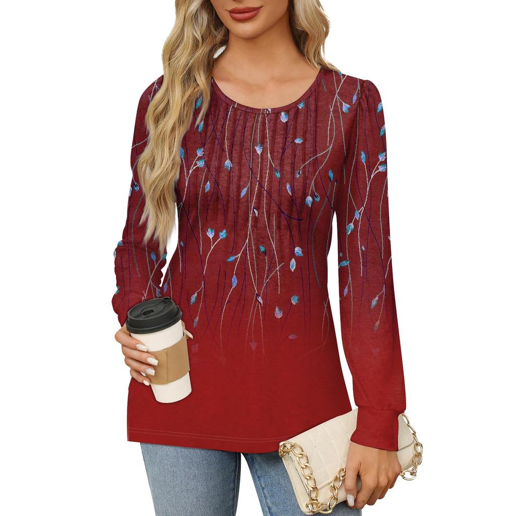 Women's Casual Top Gradient Printed Round Neck Long Sleeved Pleated T-shirt