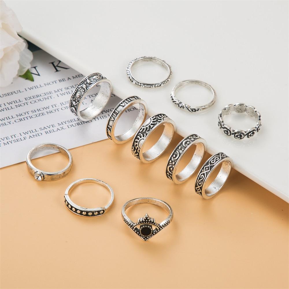 Ретро-кольцо с черным драгоценным камнем, комплект из 11 колец с цветком и звездой, простое кольцо в форме сердца, популярные женские украшения