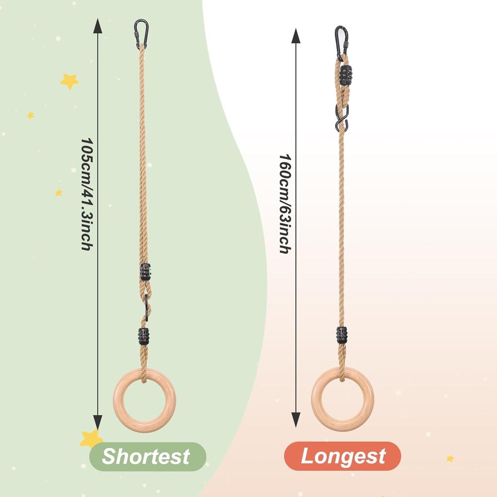 YAERSI Wooden Gymnastics Rings,Pull up Rings with Adjustable Buckle, Wooden Swing Rings for Kid's Home Exercise