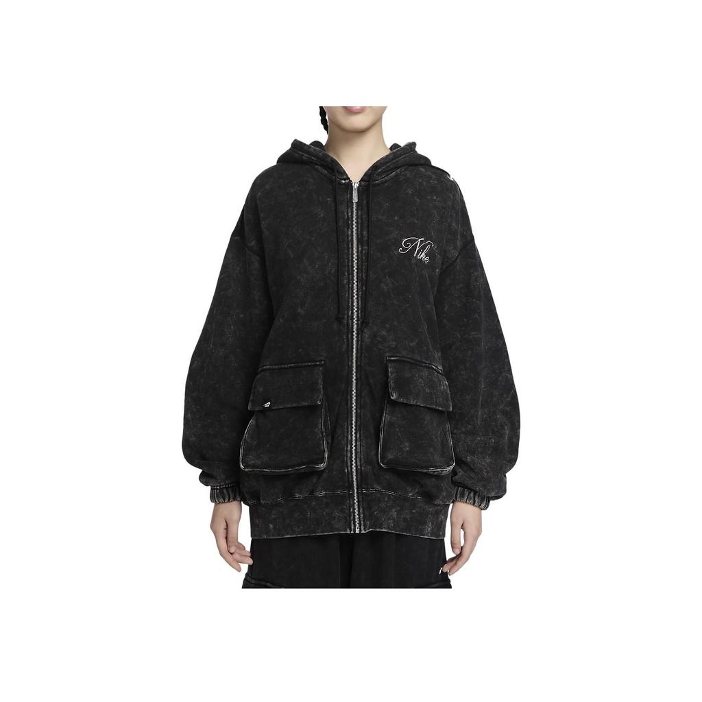 Nike Sportswear Washed Design Letter Logo Full Zip Hooded Jacket Women Jackets Black HQ4750-010