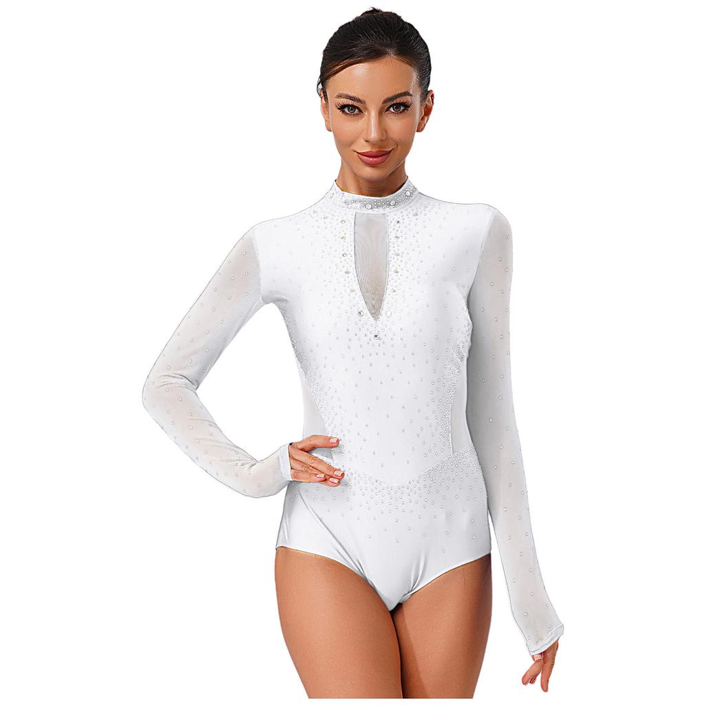 Womens Gymnastics Figure Skating Leotard Long Sleeve Sheer Mesh Sparkle Rhinestone Bodysuit