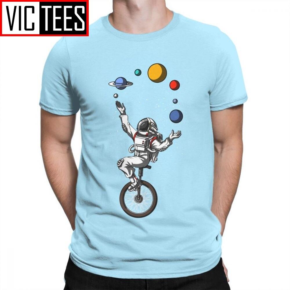Man Men T Shirts Space Astronaut Riding Bicycle Juggling Solar System Planets Funny Short Sleeves Tees Tops Cotton T-Shirt