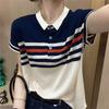Women Clothing Summer Trendy Striped Polo Collar Ice Silk Knitted T-shirt Elegant Simple Casual Short Sleeve Loose Pullover Tops