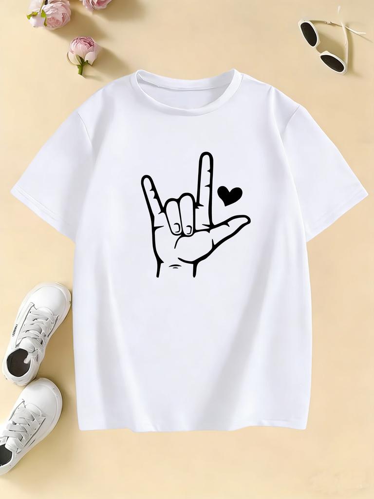 Graphic Hand with Love Printed Design T Shirts Kids Childrens Tshirt Boys Girls Summer Spring Casual Top Tee Shirt