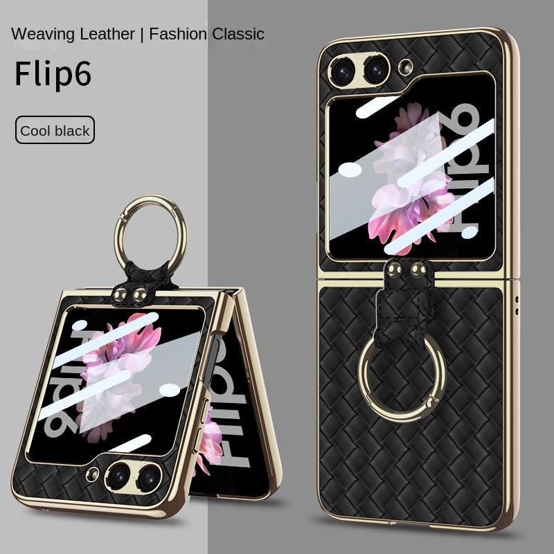 Electroplate Shell Film Weaving Ring Phone Case for Samsung Galaxy Z Flip 6 5 4 Flip6 Flip5 Flip4 Flip3 5G Fall Prevention Cover
