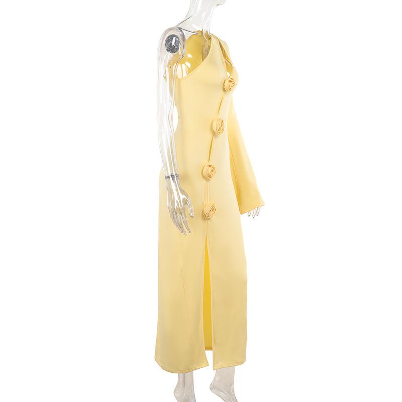 Весеннее женское модное платье с косым плечом, одним рукавом, ажурной розой, высоким разрезом