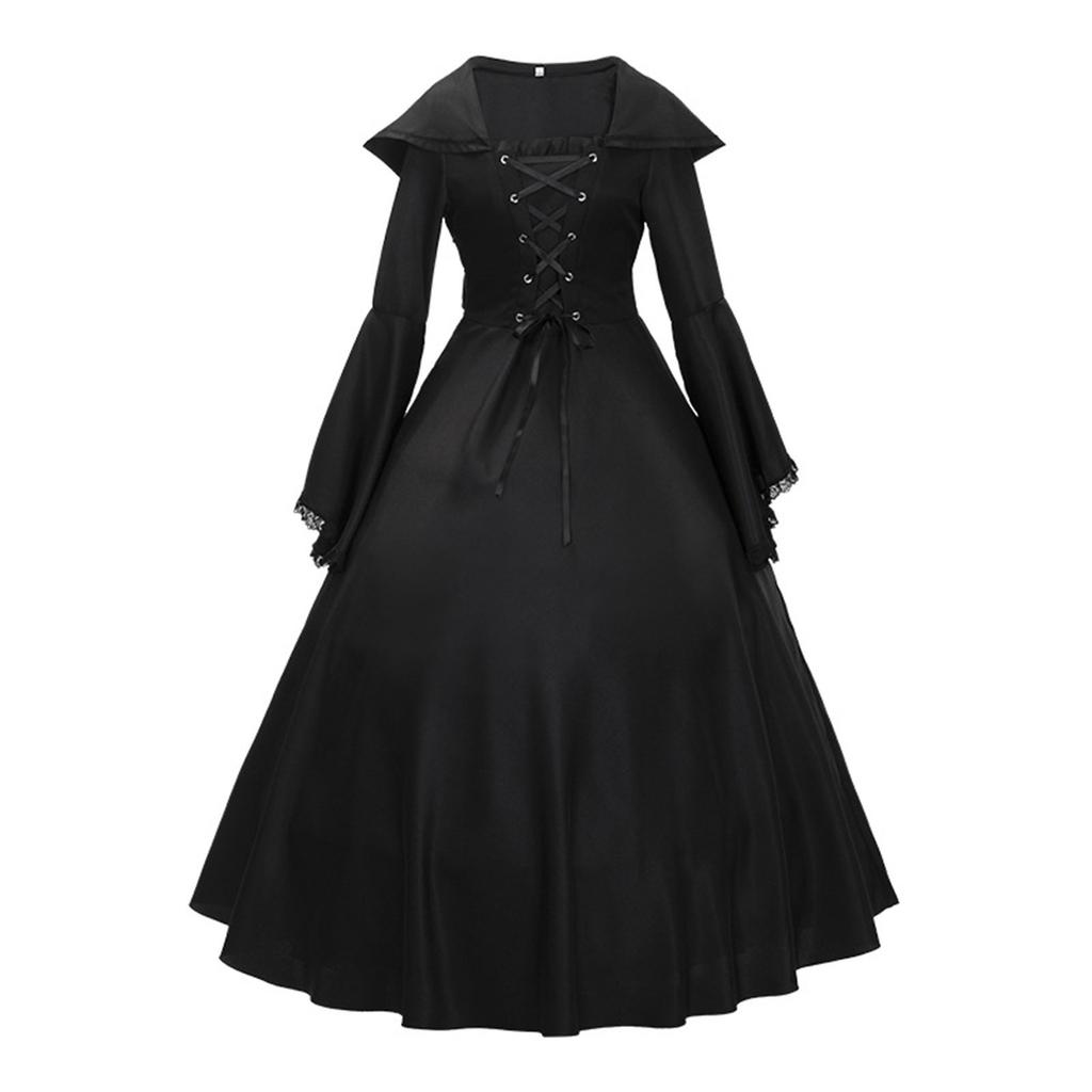 Women's Retro Gothic Long Sleeve Hooded Dress Lace Flare Sleeve Dress
