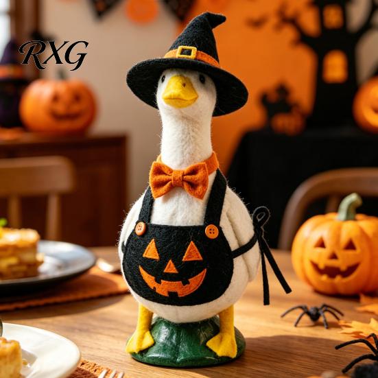 Halloween Goose Statue Mini Desk Statue, Cute Small Figurine with Hand Painted Garden Pumpkin Apron And Wizard Hat for Home Office Table Decor