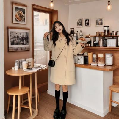 Новое осенне-зимнее корейское свободное пальто для женщин, двубортная маленькая свободная шерстяная куртка средней длины