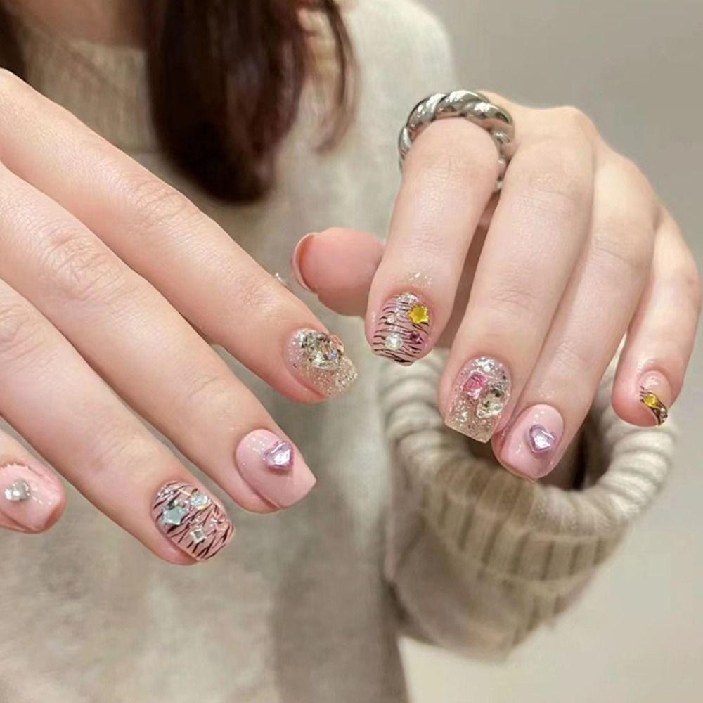 Fashion Short Round False Nails French Aurora Slices Fake Nails Pink Silver Tiger Stripe Full Cover Nail Tips for Salon