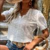 2024 Women Fashion Summer Blouse Elegant Lace Hollow Vintage Solid Shirt V-neck Lady Tops Puff Sleeve White 21385