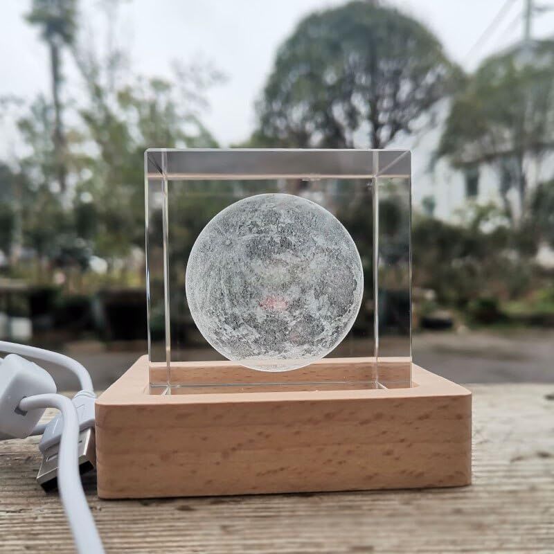 3D Хрустальная Лунная Лампа с USB LED Подсветкой и Деревянной Подставкой | Теплый Белый Хрустальный Кубик Ночник для Спальни, Домашний Декор