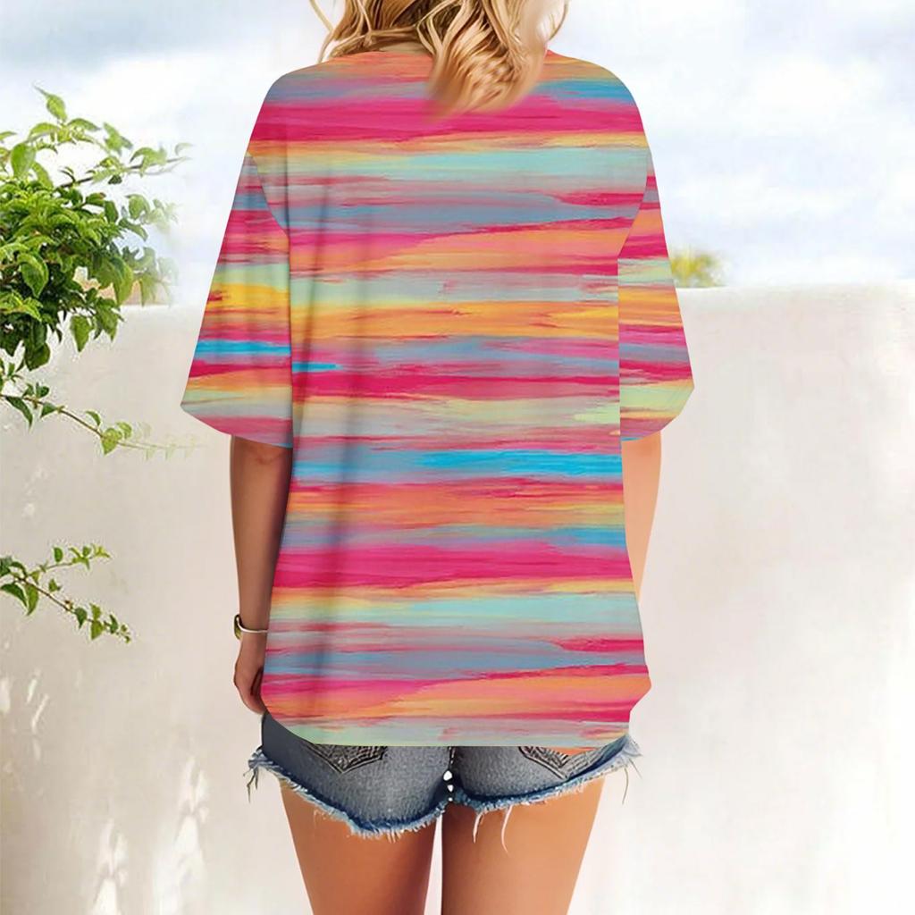 Women's Fashion Casual Gradient Color Loose Round Neck Short Sleeve Trendy Holiday T-shirt Top