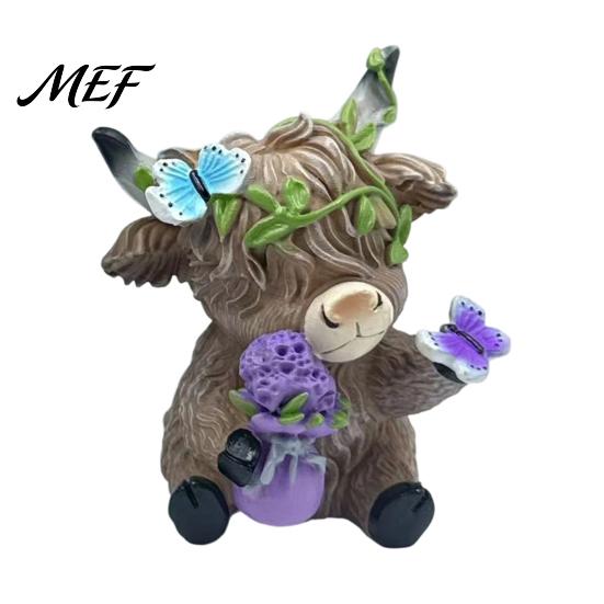 Healing Pastoral Desk Accessories Lavender Highland Cow Resin Figurine, Cute Fluffy with Butterfly Bow & Floral Wreath, Garden Accents Pastel