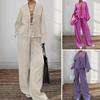 2 Pcs/Set Women Shirt Pants Set Lace-up Cardigan Long Sleeve Blouse Wide Leg Full Length Trousers
