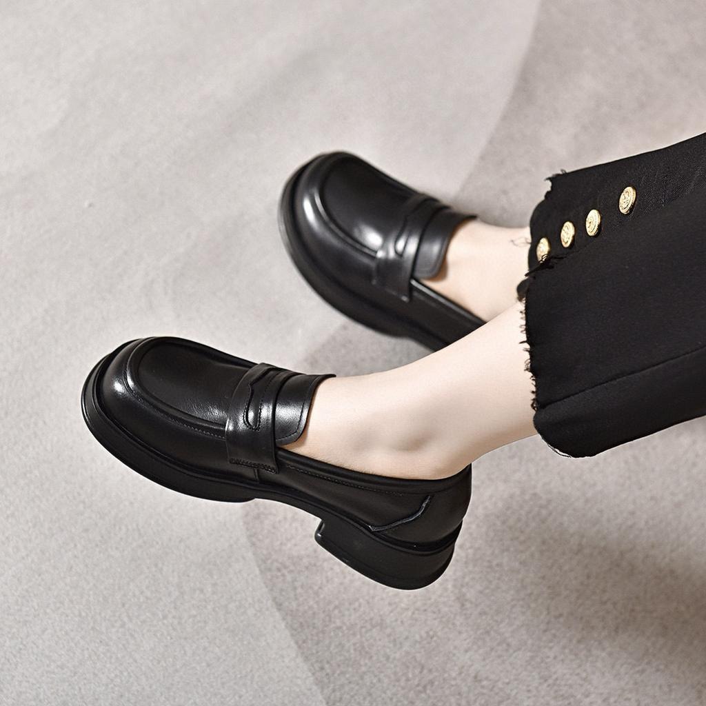 Platform Shoes Women's 2024 First-layer Cowhide British Style Round Head Basic Loafers Muffin and One-pedal Four-season Shoes