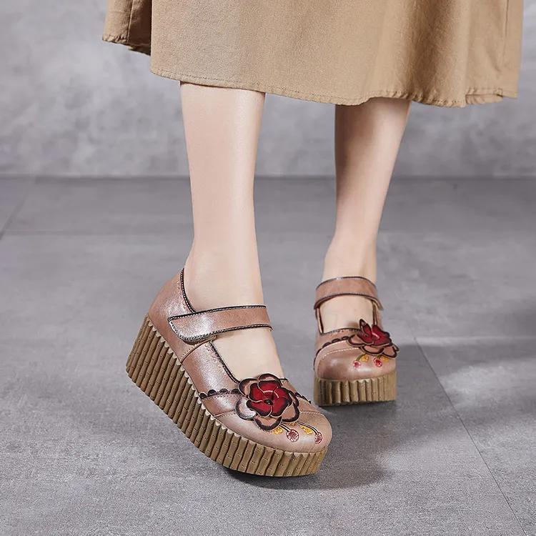 Модные туфли-лодочки GKTINOO в стиле ретро, женская обувь из натуральной кожи на липучке, новая весна 2025, круглый носок, цветочный принт, ручная работа, лаконичные туфли на платформе