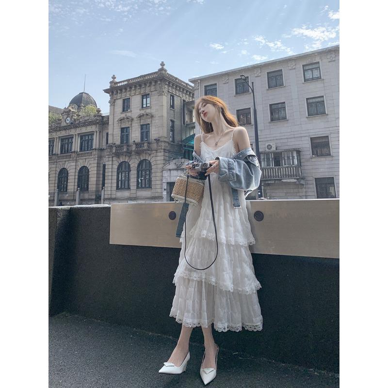 Летнее кружевное многослойное платье с рюшами на подтяжках, новое модное женское белое пляжное длинное платье трапециевидной формы для отдыха, новые женские элегантные плиссированные платья 798