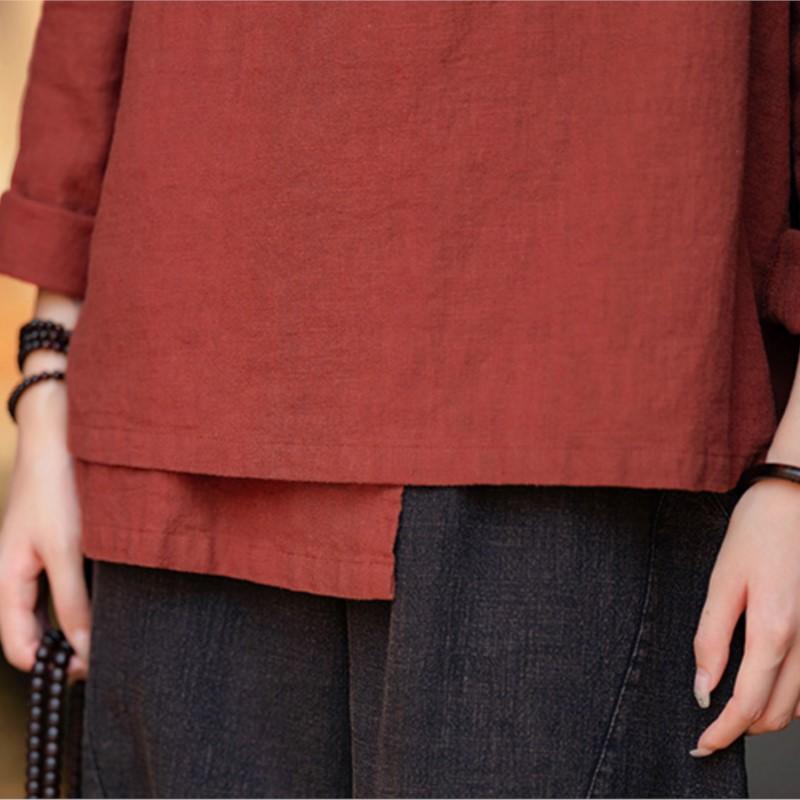 Johnature Женские винтажные рубашки, топы, стойка, длинный рукав, однотонные блузки, осенние рубашки на пуговицах