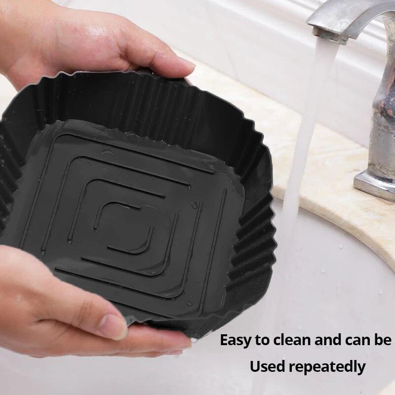 1pc Black Silicone Air Fryers Oven Baking Tray Square Replacement Kitchen Grill Pan Airfryer Kitchen Fried Chicken Basket Mat