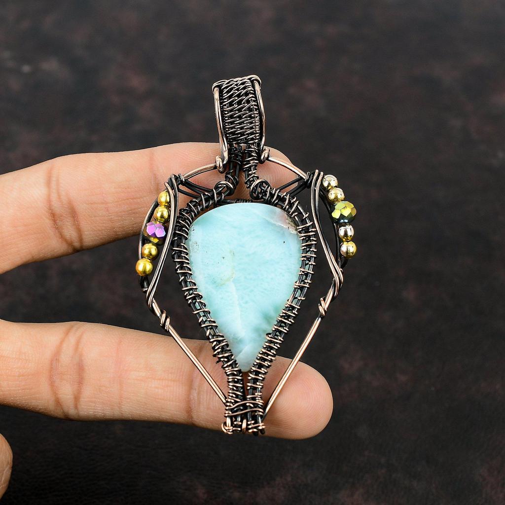 Подвеска из ларимара, медная проволока, обернутая подвеской, высококачественный драгоценный камень, ювелирные изделия ручной работы, медные украшения, титановые бусины, подвеска, подарок для мамы