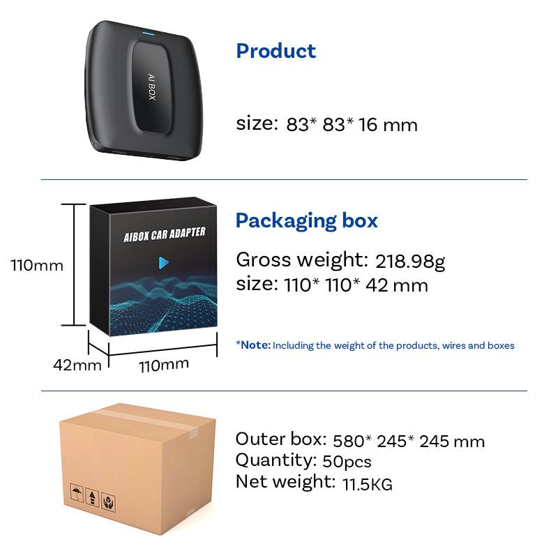 Беспроводной автомобильный адаптер Smart AIbox Car Wireless CarPlay, подключаемый к беспроводной приставке CarPlay по принципу Plug and Play.