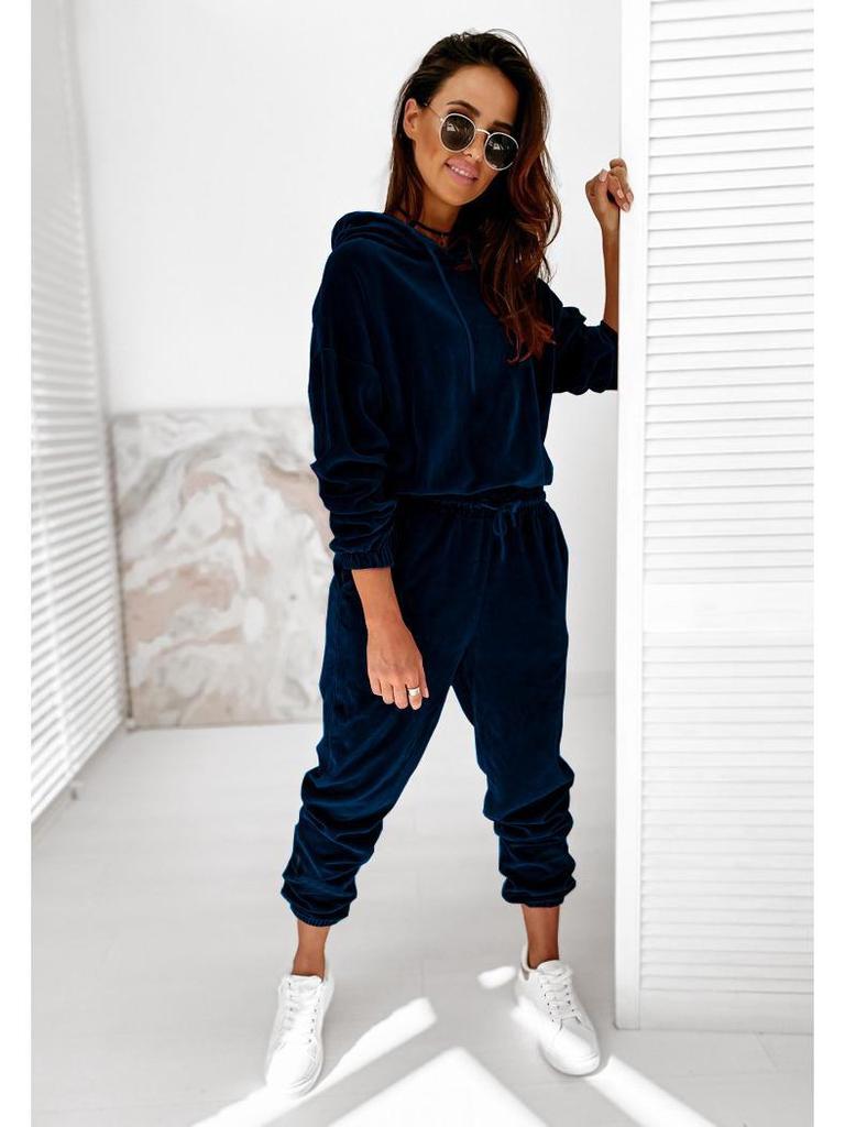 Женский однотонный повседневный костюм из золотистого бархата с капюшоном - Осень/Зима 2021