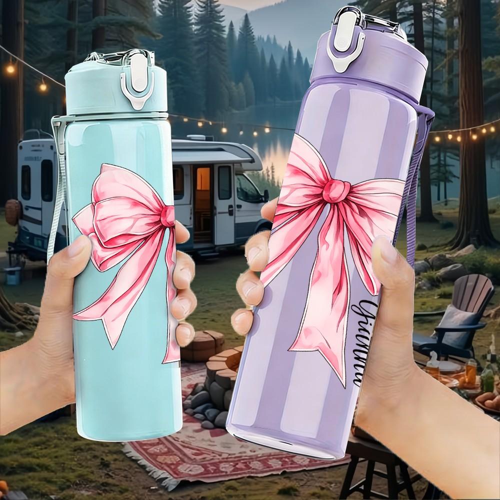 1PC Pink Elegant Bow Ribbon Print 750ml Color Plastic Sports Water Bottle Leakproof Flip Straw Lid Suitable for Sports Office Home Use