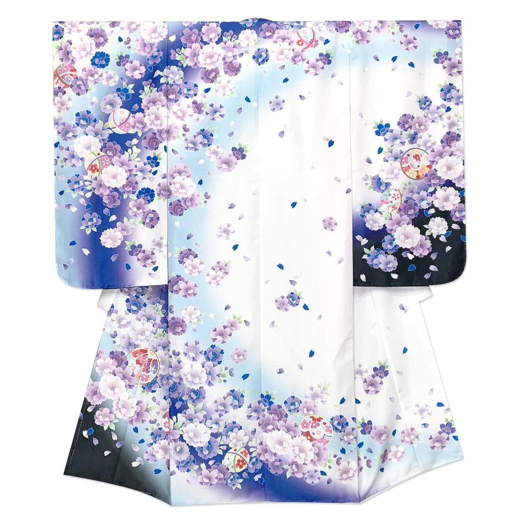 Muromachi 7 Years Old Kimono Golden Koma Fantastic Yotsumi Zori Full Set 753 X Blue Purple X Double Cherry Blossom [Kyoto St. ] Shichi-Go-San Girl's